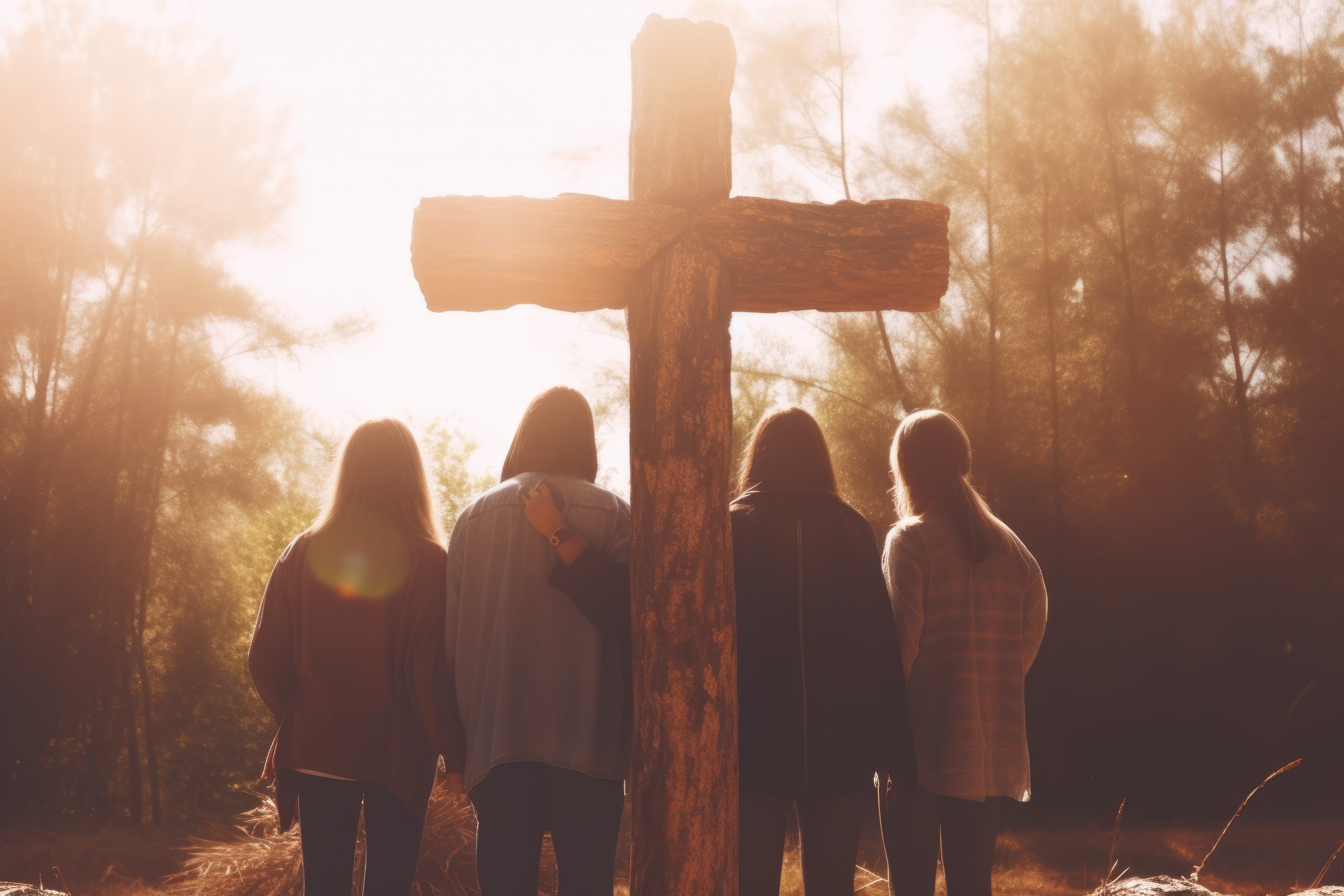 Kids, children holding hands and praying around wooden christian cross. Church worship, believe, camp concept.