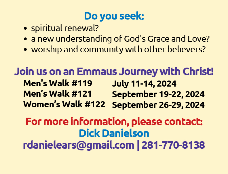 2024-04-02 Walk to Emmaus Poster for Men 119 and 121 and Women 1